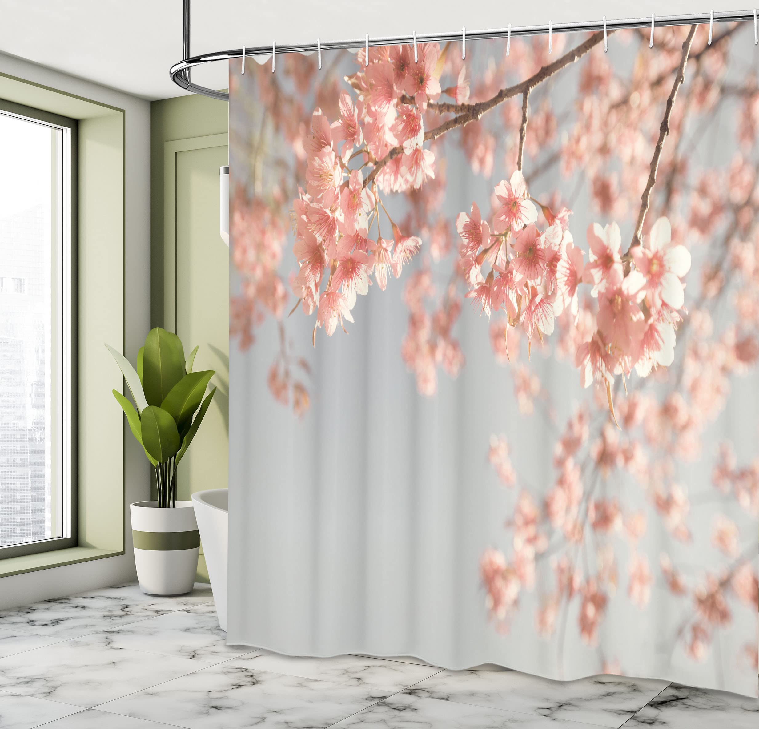 Ambesonne Peach Shower Curtain, Japanese Scenery Sakura Tree Cherry Blossom Nature Photography Coming Of Spring, Cloth Fabric Ba